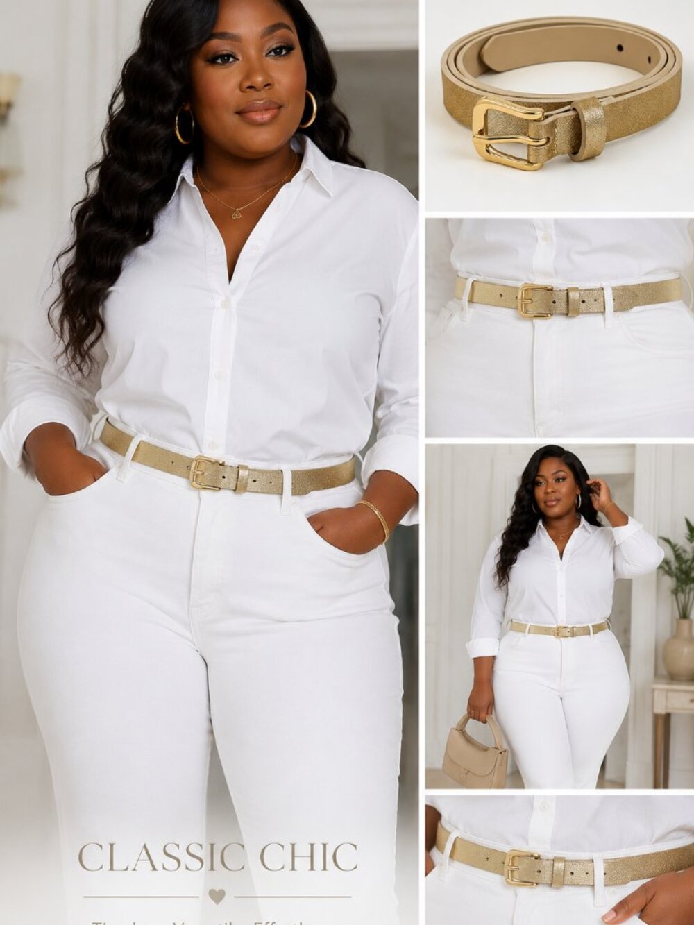 Women's Gold Tone Slim Fashion Belt Textured Metallic Finish